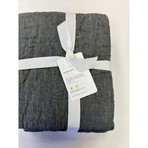 Pottery Barn S/3 Belgian Flax Linen Handcrafted Quilted Shams Standard Dk Forest